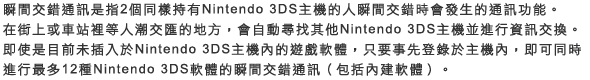 瞬間交錯通訊是指2個同樣持有Nintendo 3DS主機的人瞬間交錯時會發生的通訊功能。
在街上或車站裡等人潮交匯的地方，會自動尋找其他Nintendo 3DS主機並進行資訊交換。即使是目前未插入於Nintendo 3DS主機內的遊戲軟體，只要事先登錄於主機內，即可同時進行最多12種Nintendo 3DS軟體的瞬間交錯通訊（包括內建軟體）。