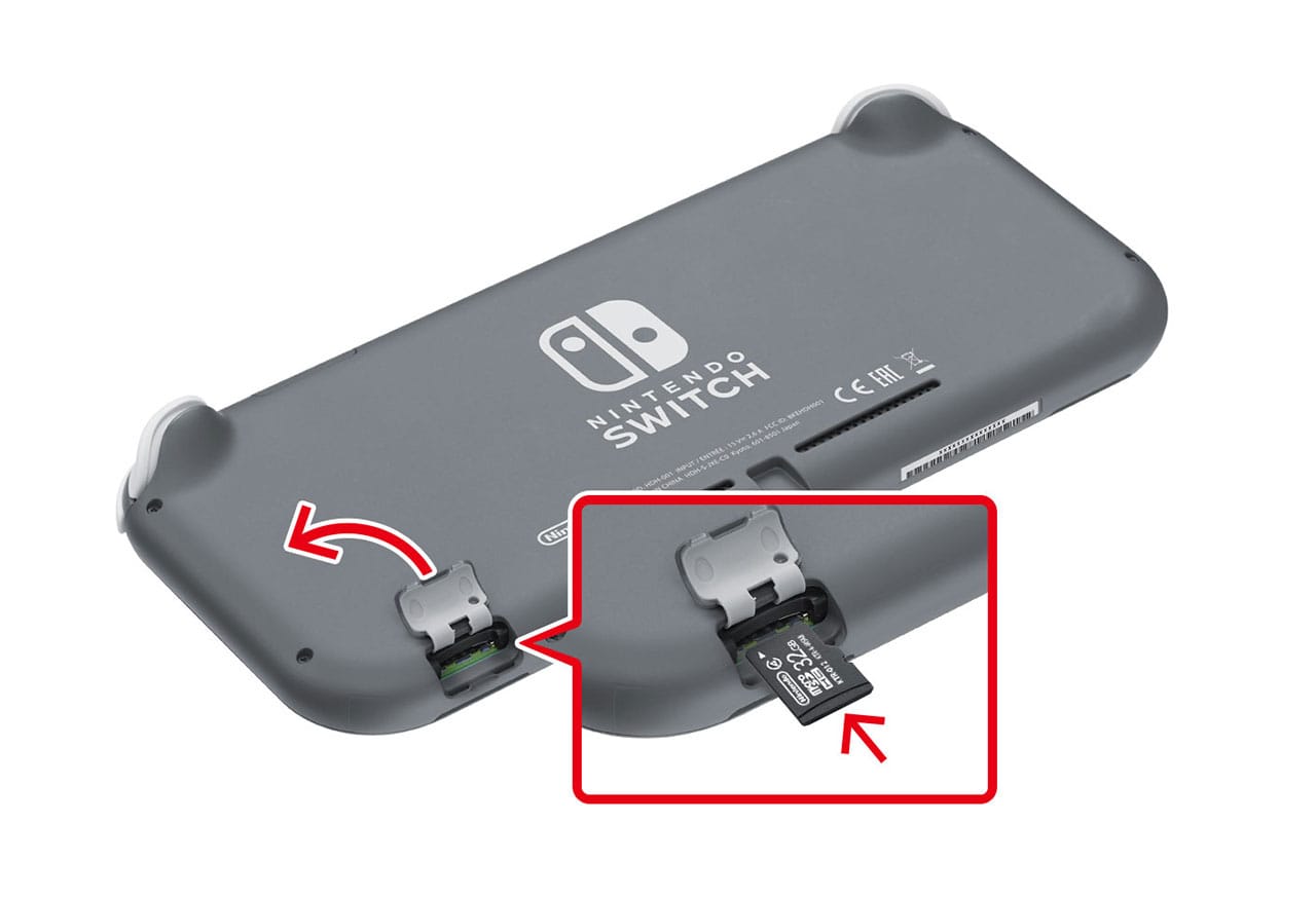 microSDメモリーカードを本体に差し込みます。 Nintendo Switch Lite本体の場合